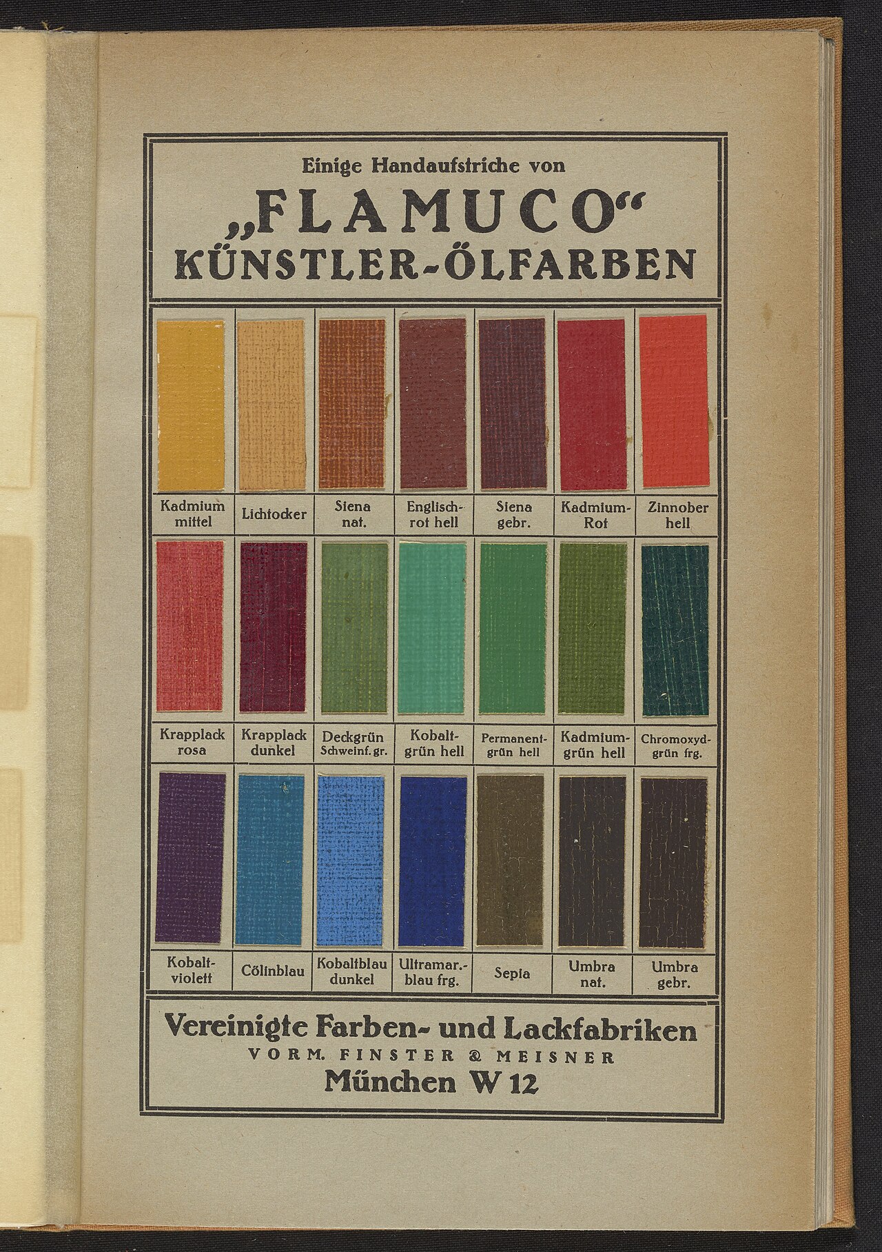 A page of painted colour swatches in rows: yellows, reds, greens, blues and browns